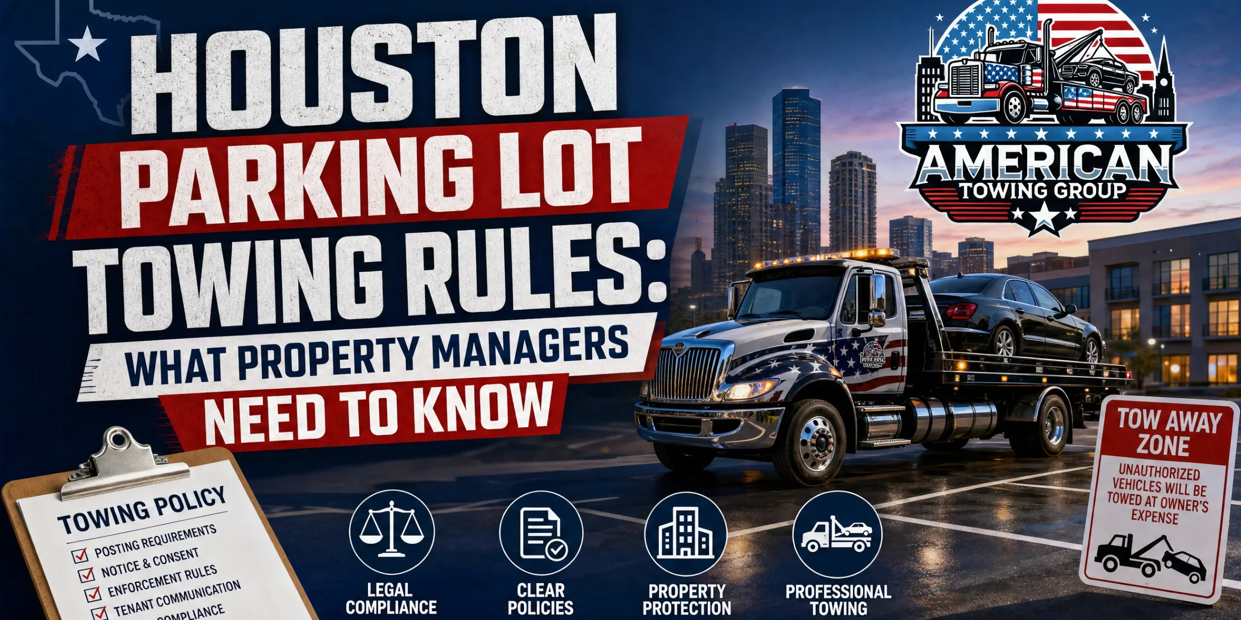 Property manager reviewing Houston parking lot towing rules and posted signage in an apartment lot to ensure compliant private property towing