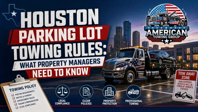 Property manager reviewing Houston parking lot towing rules and posted signage in an apartment lot to ensure compliant private property towing