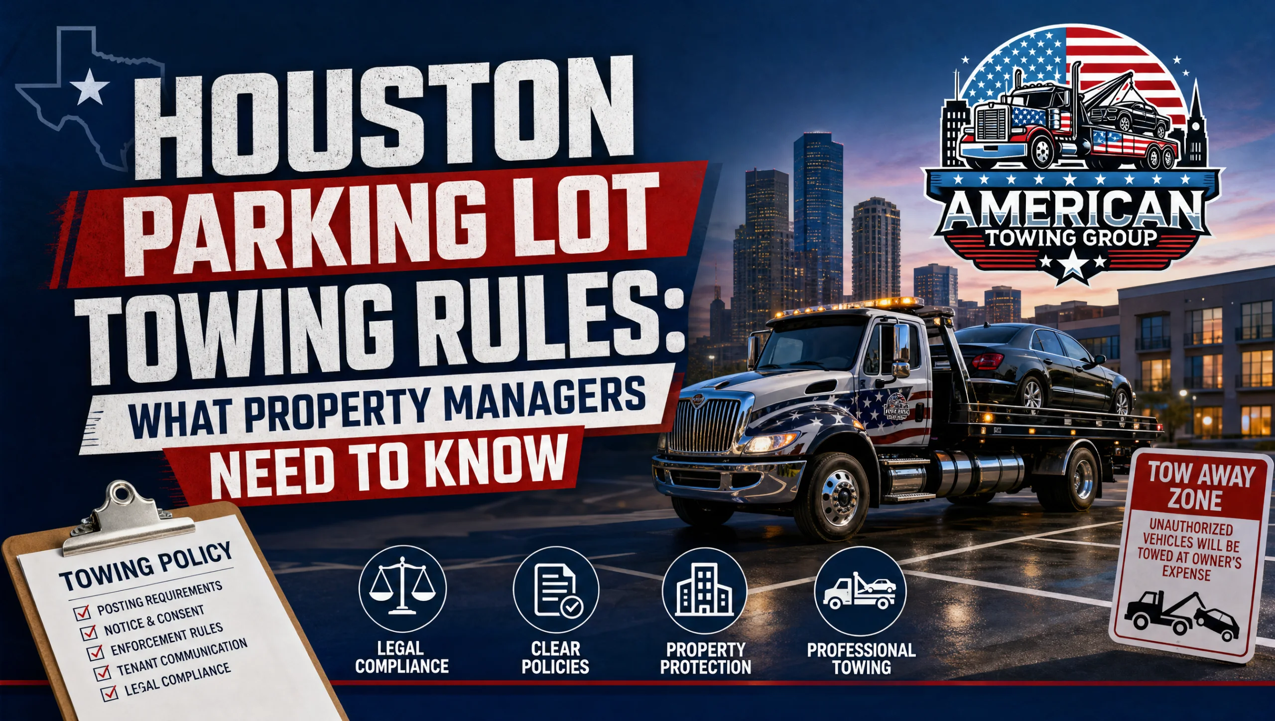 Property manager reviewing Houston parking lot towing rules and posted signage in an apartment lot to ensure compliant private property towing